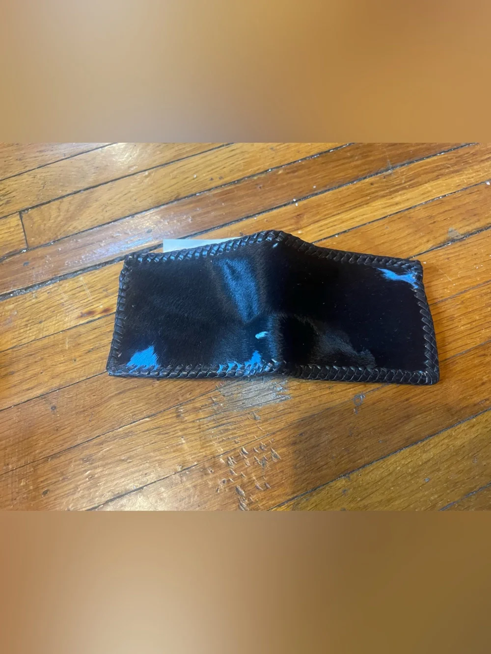 Men's Black Leather Bifold Fur Wallet with Braided Trim